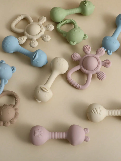 Baby Silicone Teether Toys Baby's First Teething Rattle Toy Cute Shape Easy To Grip For Babies 3-6 Months