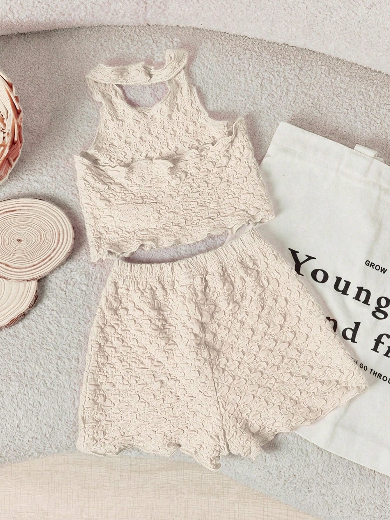 Babygirl Casual Solid Color Textured Elastic Halter Neck Tank Top And Elastic Waist Shorts Set
