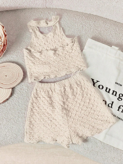 Babygirl Casual Solid Color Textured Elastic Halter Neck Tank Top And Elastic Waist Shorts Set