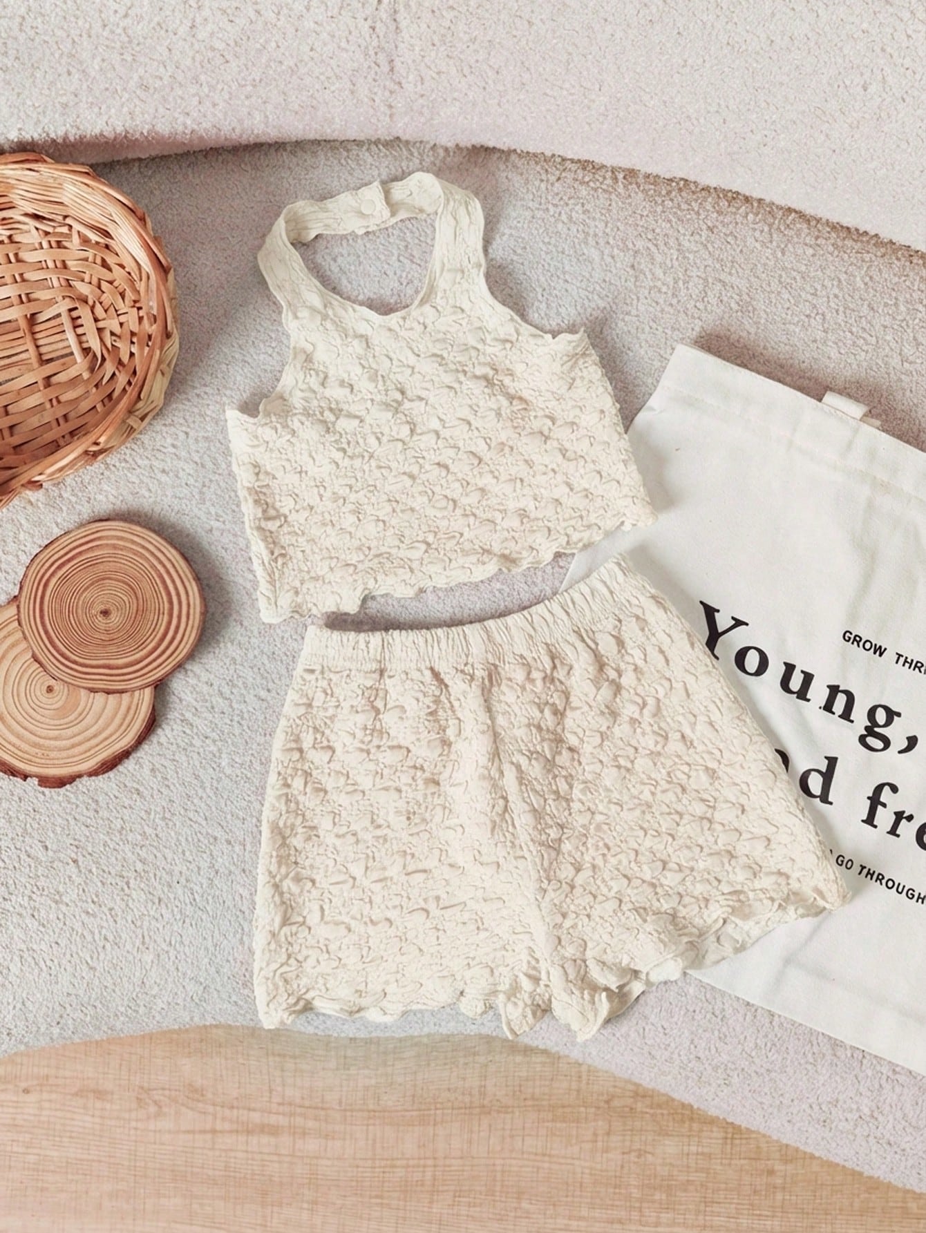 Babygirl Casual Solid Color Textured Elastic Halter Neck Tank Top And Elastic Waist Shorts Set