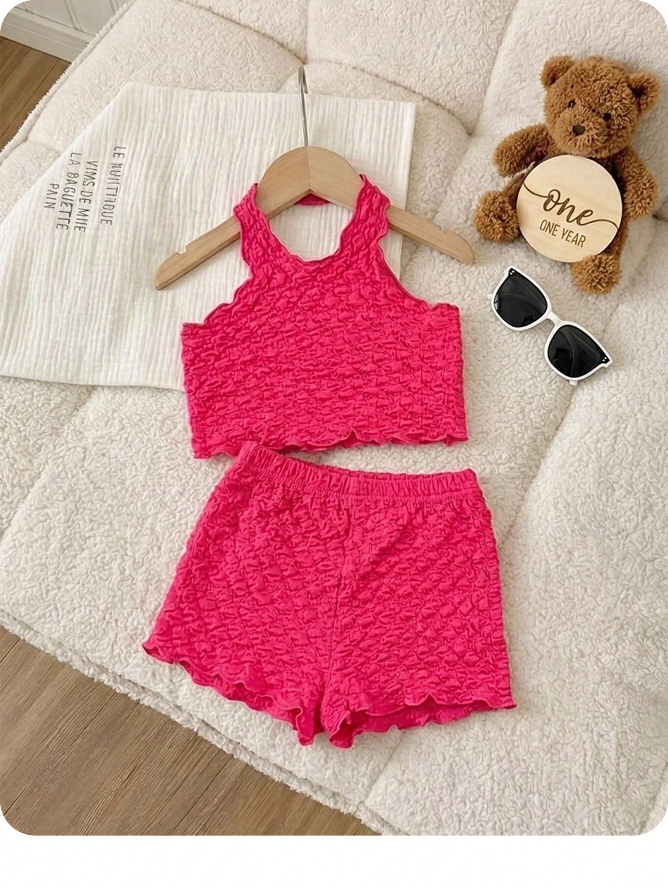 Babygirl Casual Solid Color Textured Elastic Halter Neck Tank Top And Elastic Waist Shorts Set