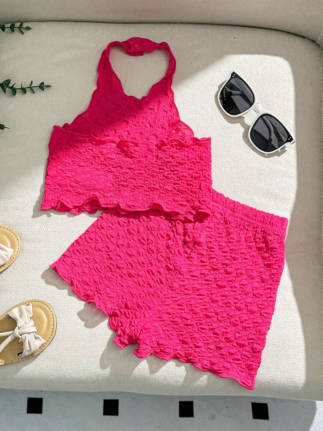 Babygirl Casual Solid Color Textured Elastic Halter Neck Tank Top And Elastic Waist Shorts Set