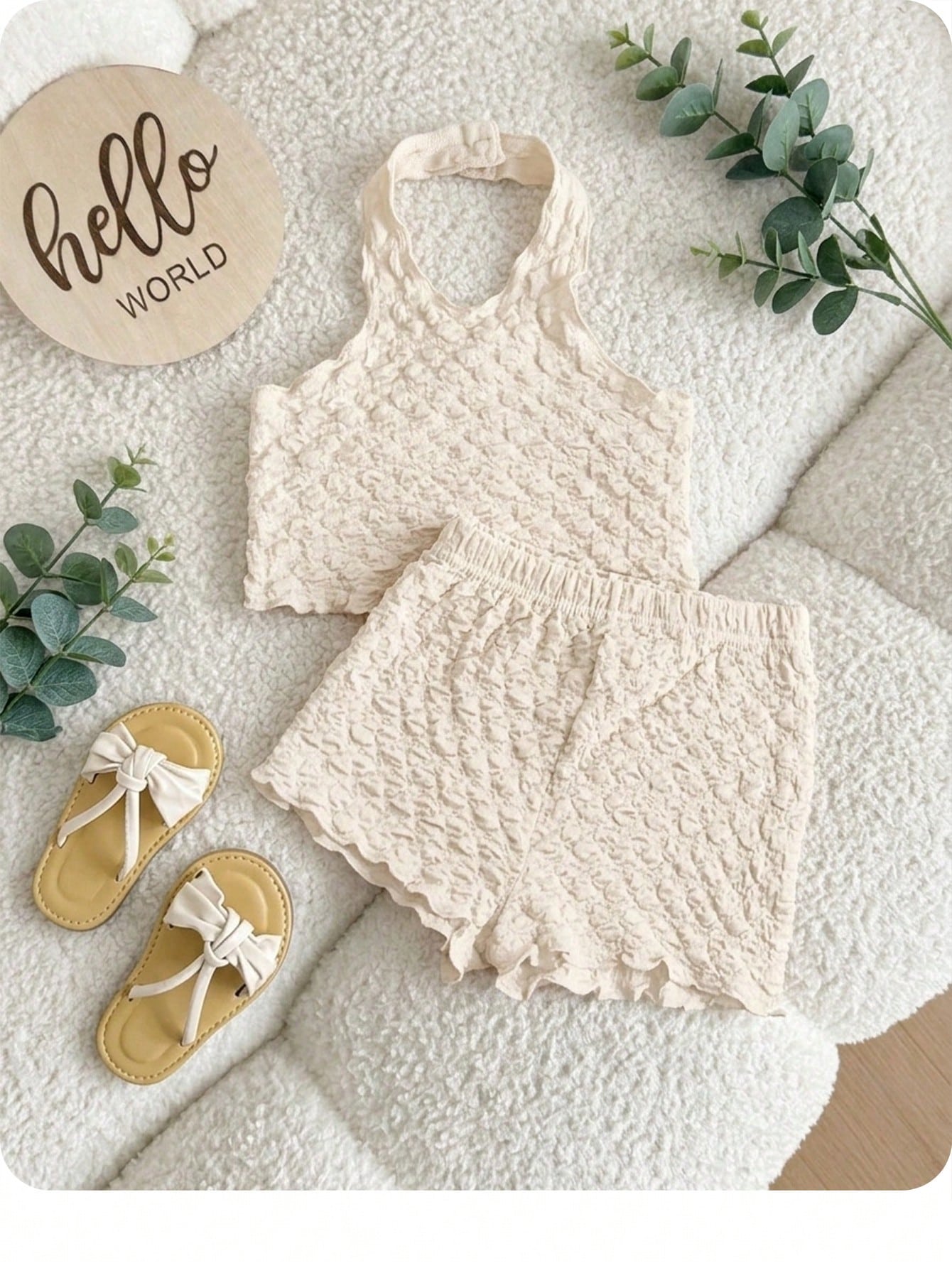 Babygirl Casual Solid Color Textured Elastic Halter Neck Tank Top And Elastic Waist Shorts Set