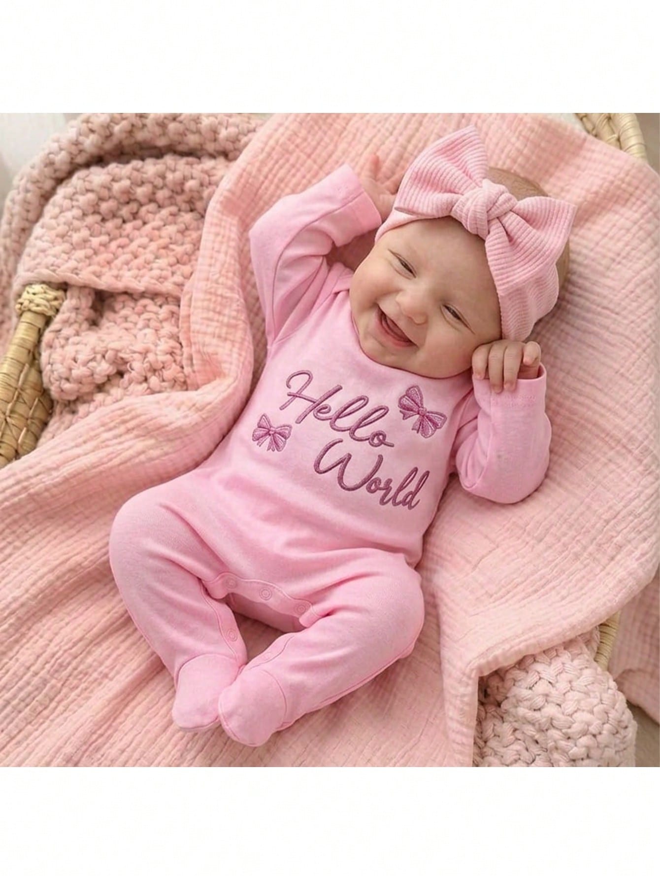 Babygirl Cute Casual Knit Pink Printed Footie Jumpsuit