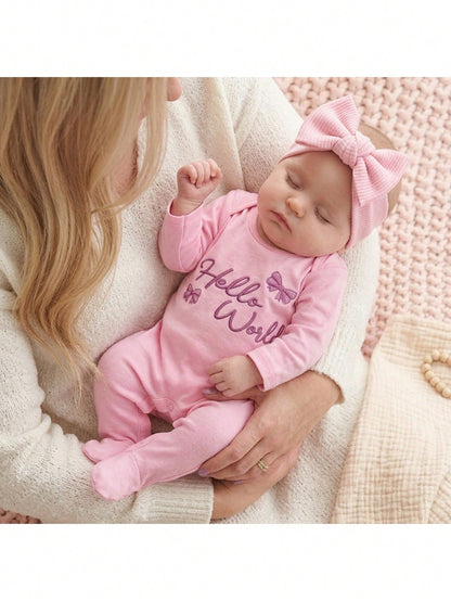 Babygirl Cute Casual Knit Pink Printed Footie Jumpsuit