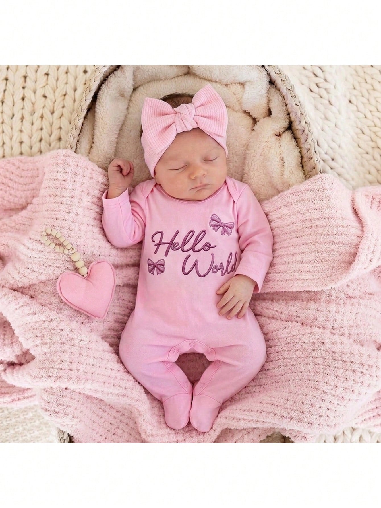 Babygirl Cute Casual Knit Pink Printed Footie Jumpsuit