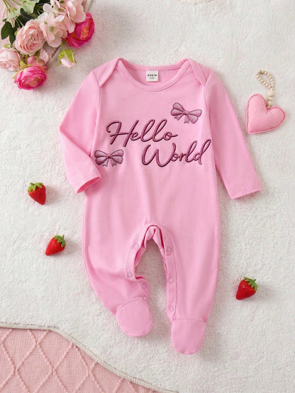Babygirl Cute Casual Knit Pink Printed Footie Jumpsuit