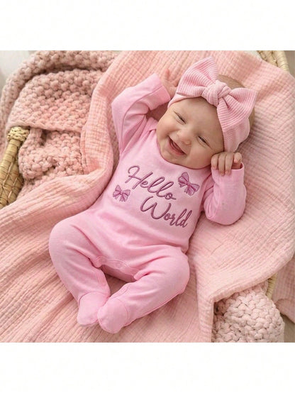 Babygirl Cute Casual Knit Pink Printed Footie Jumpsuit
