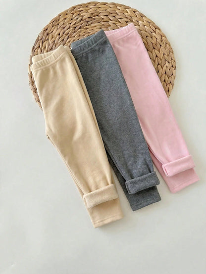 Babygirl Cute Casual Knit Solid Color Elastic Waist Winter Pants 3pcs-Piece Set
