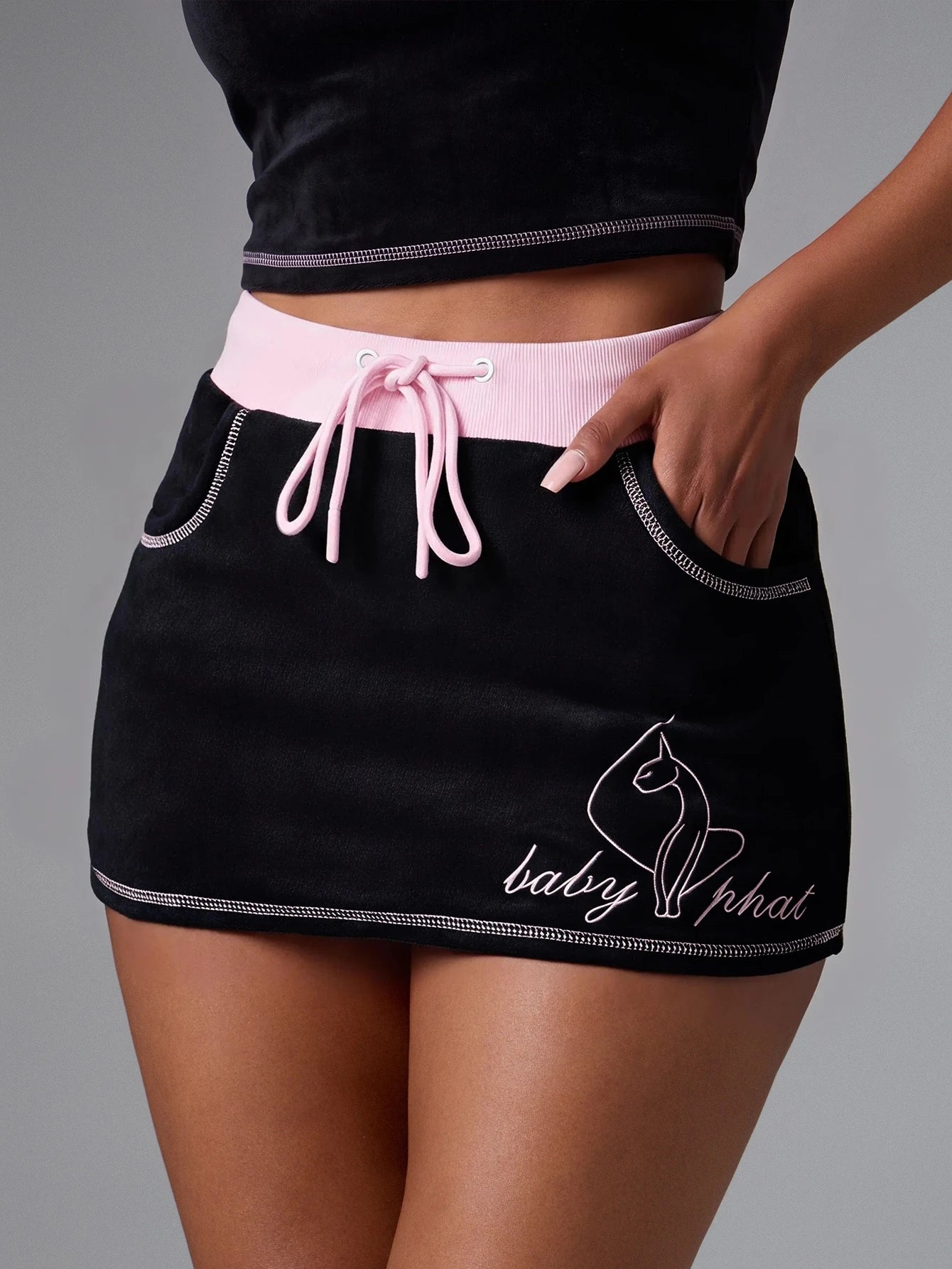 BABYPHAT Logo Mini Skirt In Towelling Fabric With Contrast Waistband Drawstring And Side Pockets