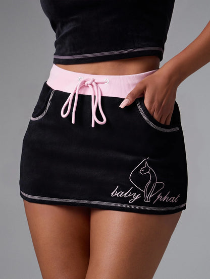 BABYPHAT Logo Mini Skirt In Towelling Fabric With Contrast Waistband Drawstring And Side Pockets