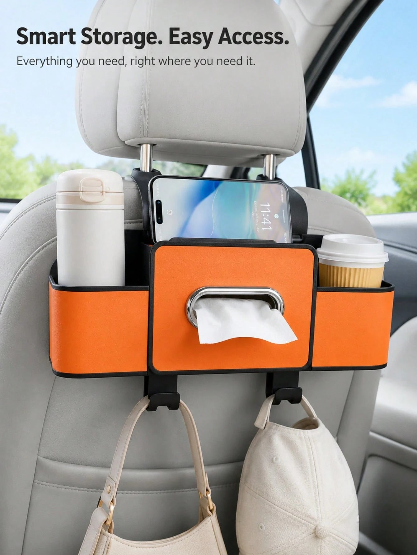 Back Seat Car Organizer,4 In 1 Multifunctional Car Back Seat Storage Box With Drink Cup Holder Tissue Box, For Hold Phone,Snacks, Drinks, Handbag-Orange,Essential For Long Trips, Also Suitable For Car