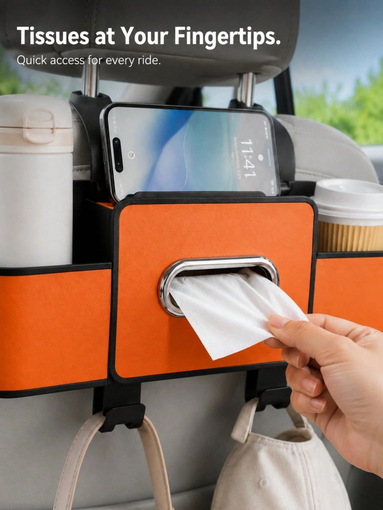 Back Seat Car Organizer,4 In 1 Multifunctional Car Back Seat Storage Box With Drink Cup Holder Tissue Box, For Hold Phone,Snacks, Drinks, Handbag-Orange,Essential For Long Trips, Also Suitable For Car