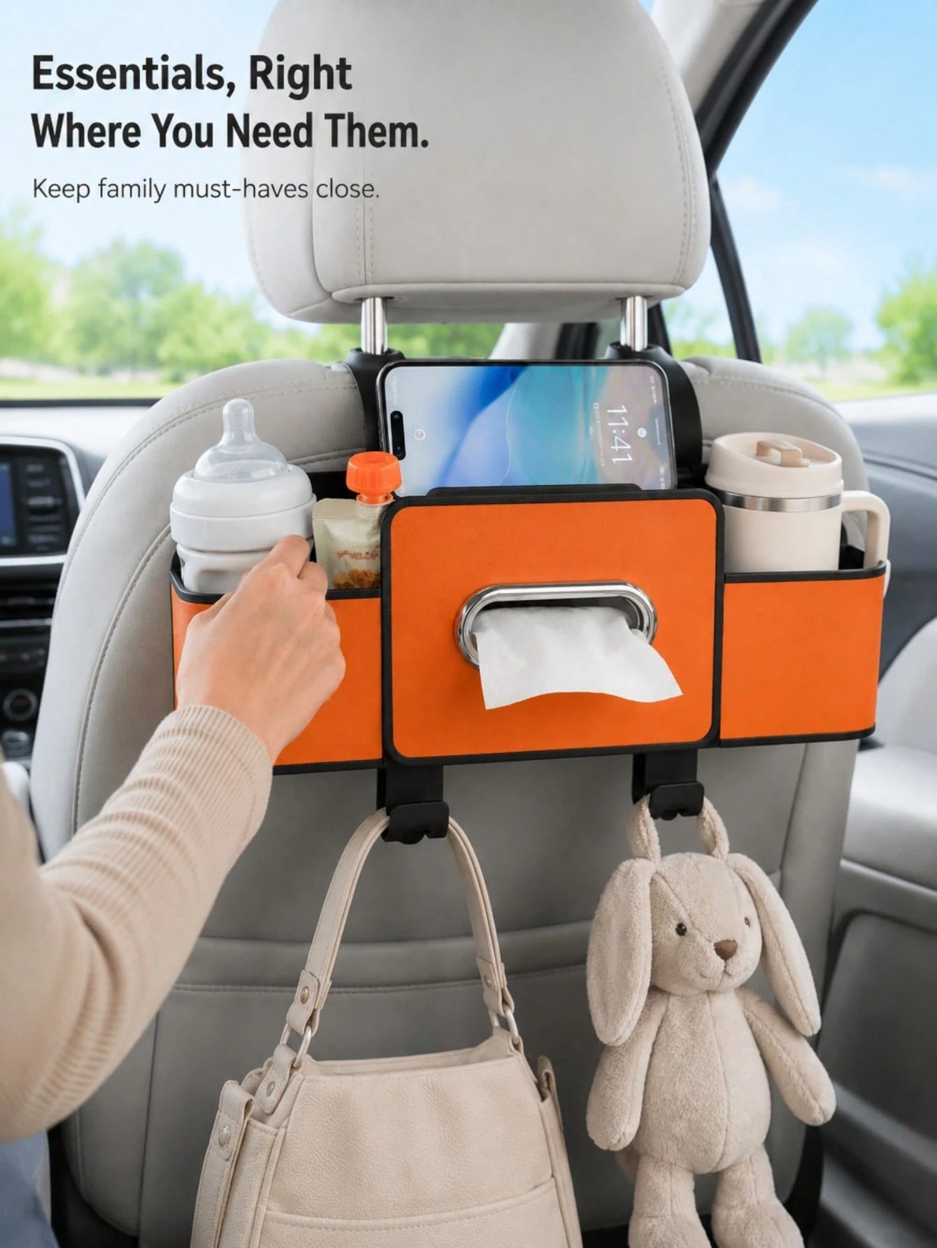 Back Seat Car Organizer,4 In 1 Multifunctional Car Back Seat Storage Box With Drink Cup Holder Tissue Box, For Hold Phone,Snacks, Drinks, Handbag-Orange,Essential For Long Trips, Also Suitable For Car