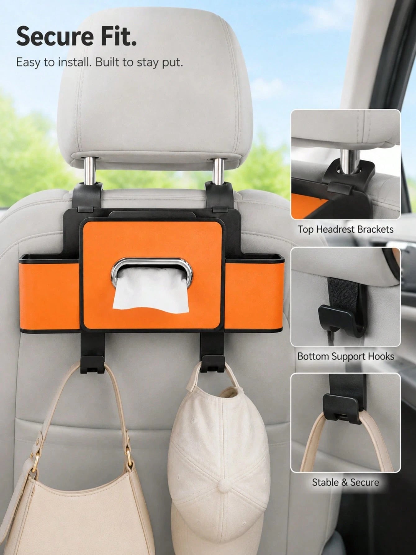 Back Seat Car Organizer,4 In 1 Multifunctional Car Back Seat Storage Box With Drink Cup Holder Tissue Box, For Hold Phone,Snacks, Drinks, Handbag-Orange,Essential For Long Trips, Also Suitable For Car