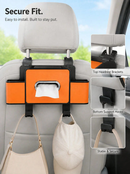 Back Seat Car Organizer,4 In 1 Multifunctional Car Back Seat Storage Box With Drink Cup Holder Tissue Box, For Hold Phone,Snacks, Drinks, Handbag-Orange,Essential For Long Trips, Also Suitable For Car