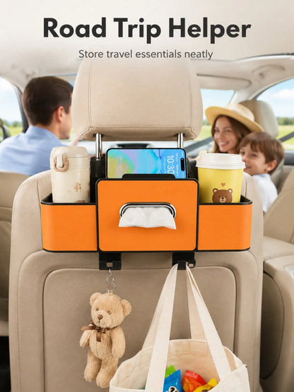 Back Seat Car Organizer,4 In 1 Multifunctional Car Back Seat Storage Box With Drink Cup Holder Tissue Box, For Hold Phone,Snacks, Drinks, Handbag-Orange,Essential For Long Trips, Also Suitable For Car