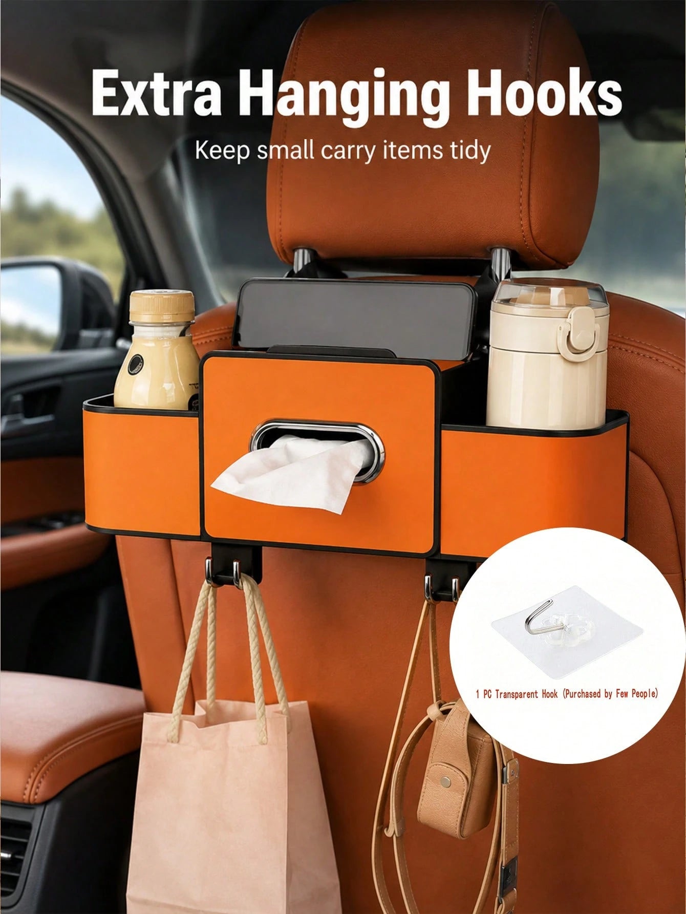 Back Seat Car Organizer,4 In 1 Multifunctional Car Back Seat Storage Box With Drink Cup Holder Tissue Box, For Hold Phone,Snacks, Drinks, Handbag-Orange,Essential For Long Trips, Also Suitable For Car