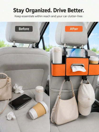 Back Seat Car Organizer,4 In 1 Multifunctional Car Back Seat Storage Box With Drink Cup Holder Tissue Box, For Hold Phone,Snacks, Drinks, Handbag-Orange,Essential For Long Trips, Also Suitable For Car