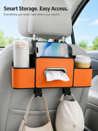 Back Seat Car Organizer,4 In 1 Multifunctional Car Back Seat Storage Box With Drink Cup Holder Tissue Box, For Hold Phone,Snacks, Drinks, Handbag-Orange,Essential For Long Trips, Also Suitable For Car