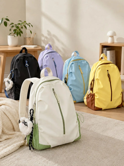 Back To School Colorblock Backpack With Cute Pendant, Waterproof Large Capacity Breathable Shoulder Straps, Suitable For Middle School, High School, College Students And Teenagers