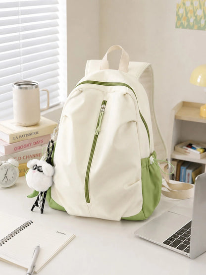 Back To School Colorblock Backpack With Cute Pendant, Waterproof Large Capacity Breathable Shoulder Straps, Suitable For Middle School, High School, College Students And Teenagers