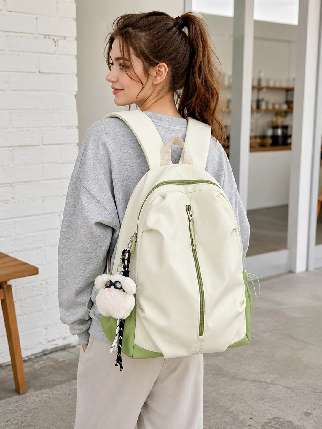 Back To School Colorblock Backpack With Cute Pendant, Waterproof Large Capacity Breathable Shoulder Straps, Suitable For Middle School, High School, College Students And Teenagers