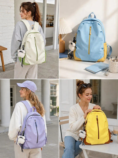 Back To School Colorblock Backpack With Cute Pendant, Waterproof Large Capacity Breathable Shoulder Straps, Suitable For Middle School, High School, College Students And Teenagers