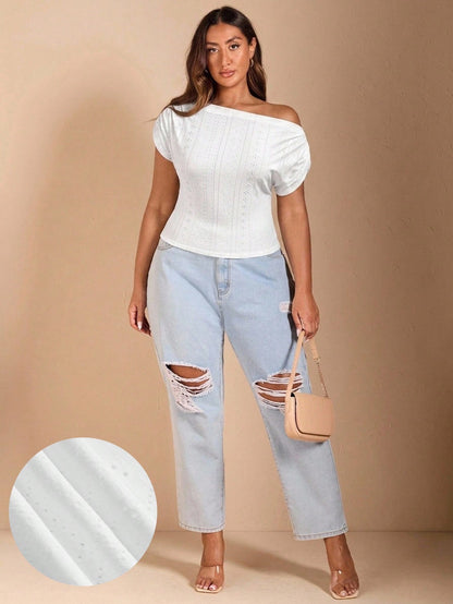 BAE Casual Romantic Lace Fabric Plus Size White Asymmetrical Shoulder T-Shirt Suitable For Spring And Summer