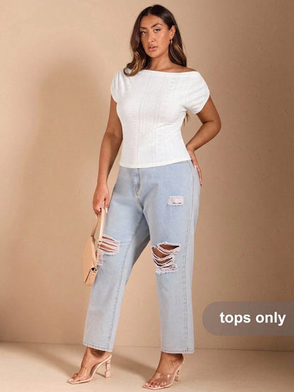 BAE Casual Romantic Lace Fabric Plus Size White Asymmetrical Shoulder T-Shirt Suitable For Spring And Summer