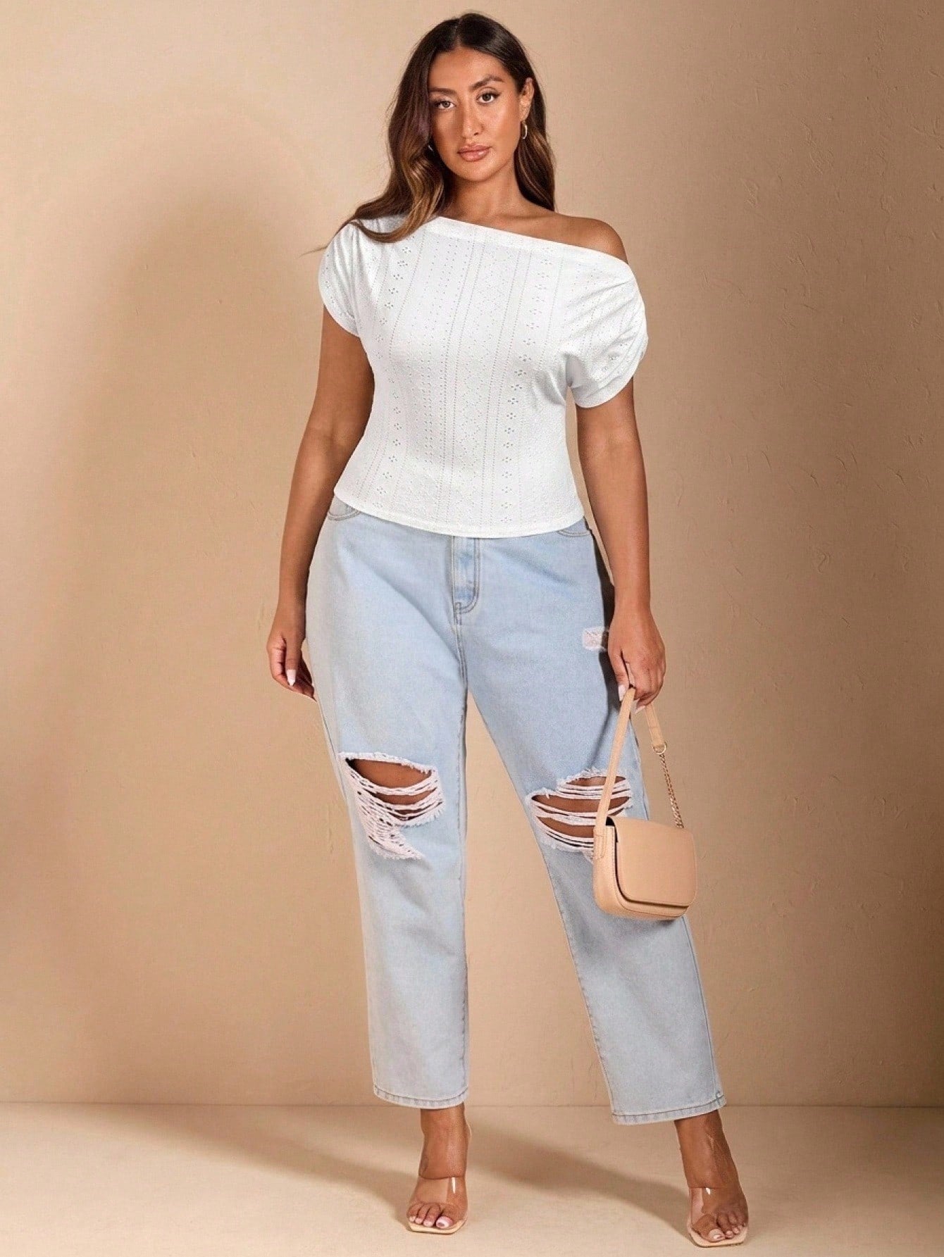 BAE Casual Romantic Lace Fabric Plus Size White Asymmetrical Shoulder T-Shirt Suitable For Spring And Summer