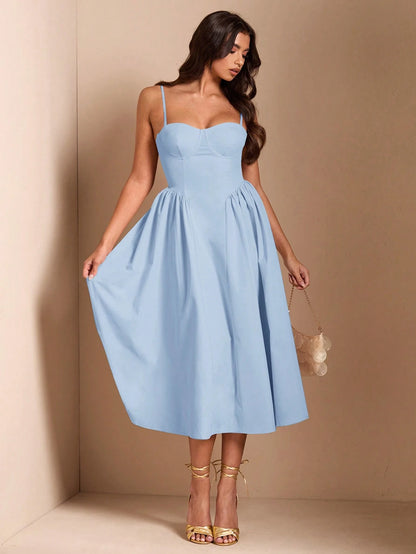 BAE Elegant Women's Spaghetti Strap Long Puff Dress, Suitable For Daily Dates, Outings, Nightclubs, Parties, Autumn Season,Summer Dresses For Women