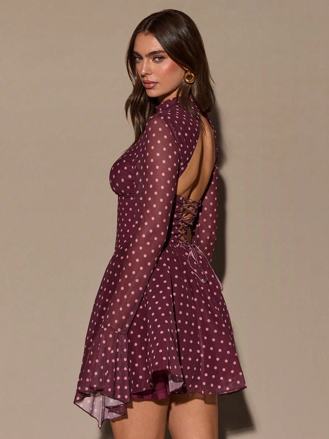 BAE Stand Collar Long Flare Sleeve White Polka Dot Waist Slit Mini Dress,Autumn Elegant Tea Party Burgundy Red Birthday Valentine Outfits For Women,Casual