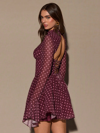 BAE Stand Collar Long Flare Sleeve White Polka Dot Waist Slit Mini Dress,Autumn Elegant Tea Party Burgundy Red Birthday Valentine Outfits For Women,Casual
