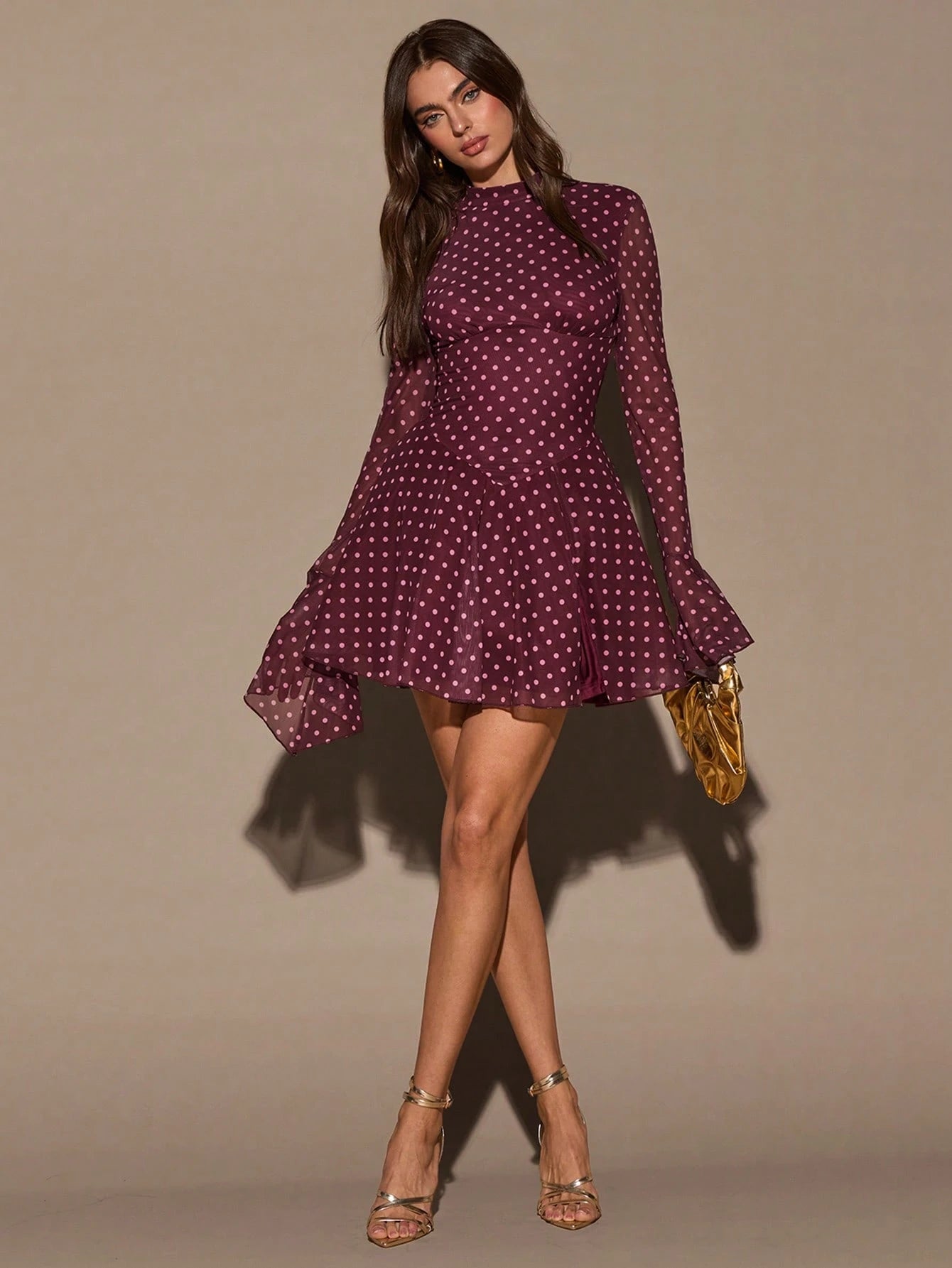 BAE Stand Collar Long Flare Sleeve White Polka Dot Waist Slit Mini Dress,Autumn Elegant Tea Party Burgundy Red Birthday Valentine Outfits For Women,Casual