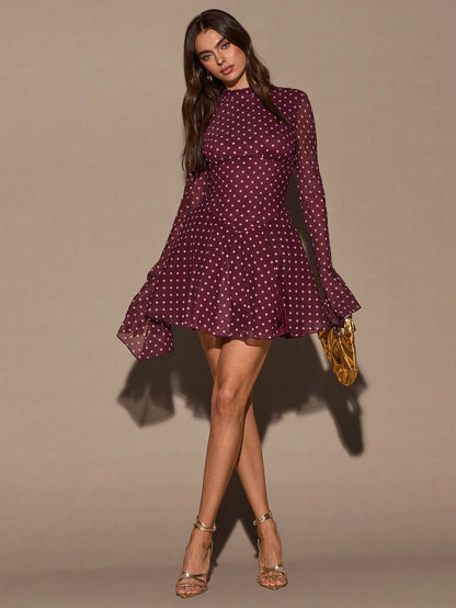 BAE Stand Collar Long Flare Sleeve White Polka Dot Waist Slit Mini Dress,Autumn Elegant Tea Party Burgundy Red Birthday Valentine Outfits For Women,Casual