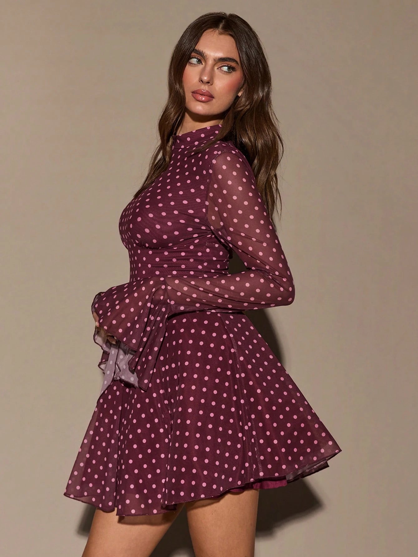 BAE Stand Collar Long Flare Sleeve White Polka Dot Waist Slit Mini Dress,Autumn Elegant Tea Party Burgundy Red Birthday Valentine Outfits For Women,Casual