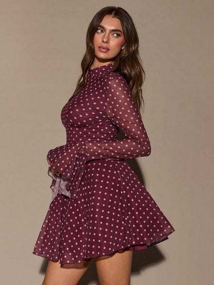 BAE Stand Collar Long Flare Sleeve White Polka Dot Waist Slit Mini Dress,Autumn Elegant Tea Party Burgundy Red Birthday Valentine Outfits For Women,Casual