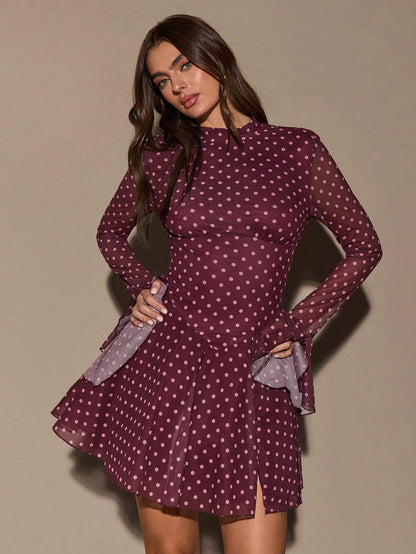 BAE Stand Collar Long Flare Sleeve White Polka Dot Waist Slit Mini Dress,Autumn Elegant Tea Party Burgundy Red Birthday Valentine Outfits For Women,Casual