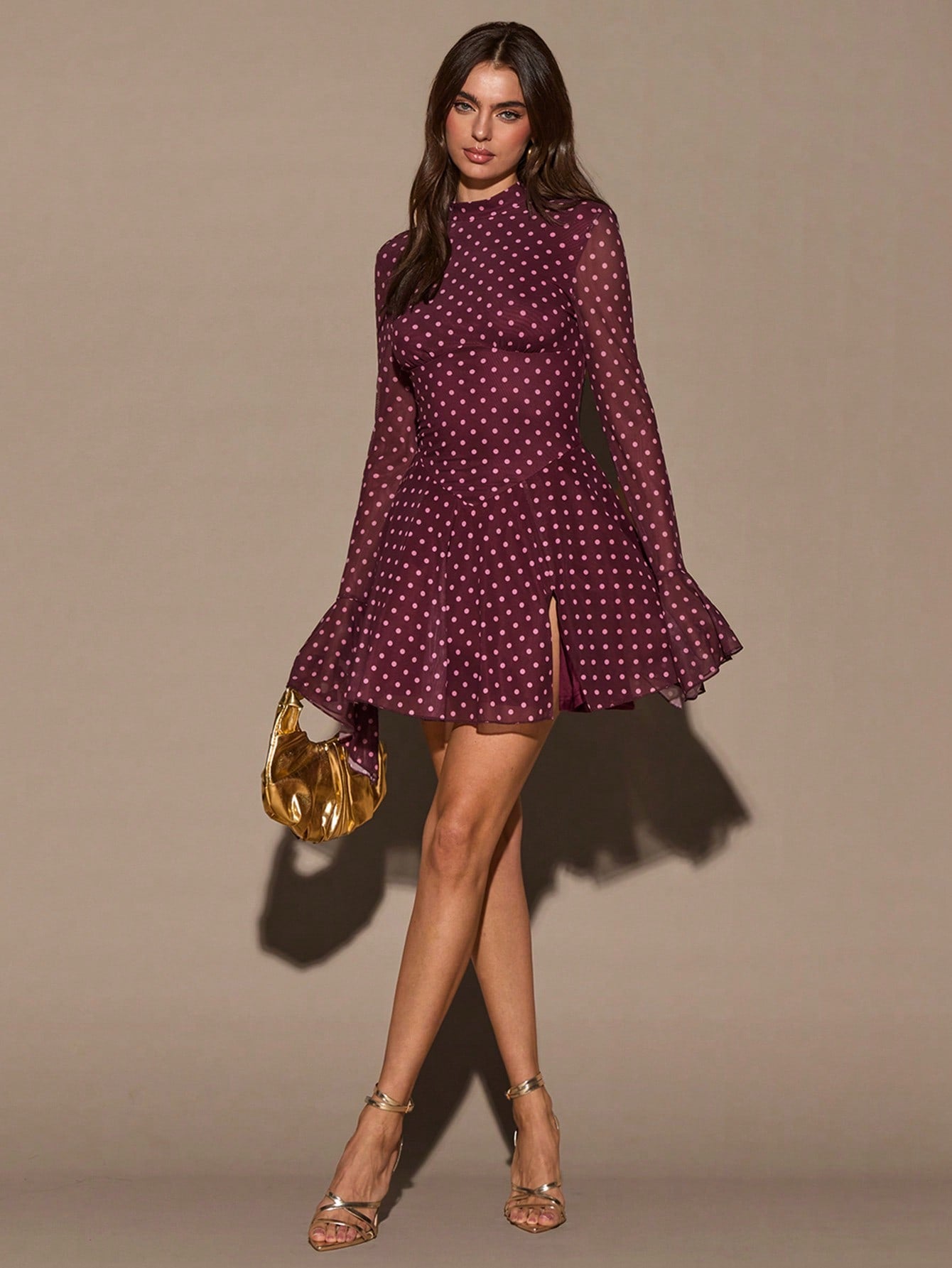 BAE Stand Collar Long Flare Sleeve White Polka Dot Waist Slit Mini Dress,Autumn Elegant Tea Party Burgundy Red Birthday Valentine Outfits For Women,Casual