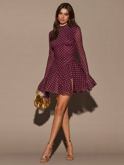 BAE Stand Collar Long Flare Sleeve White Polka Dot Waist Slit Mini Dress,Autumn Elegant Tea Party Burgundy Red Birthday Valentine Outfits For Women,Casual