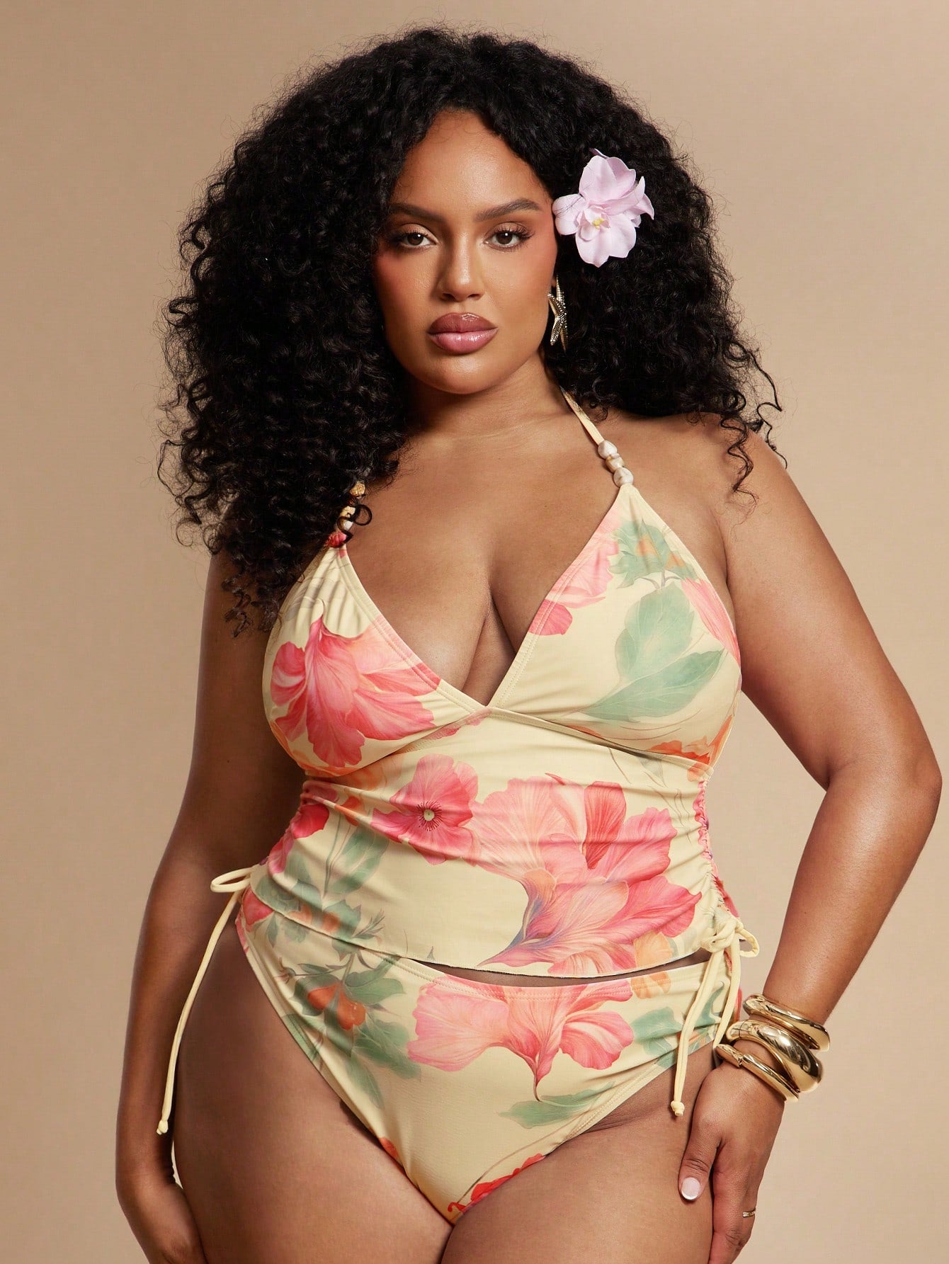 BAE Summer Beach Vacation Style Floral Print Vest Bikini Halter Neck Drawstring Set Bathing Suits For Women
