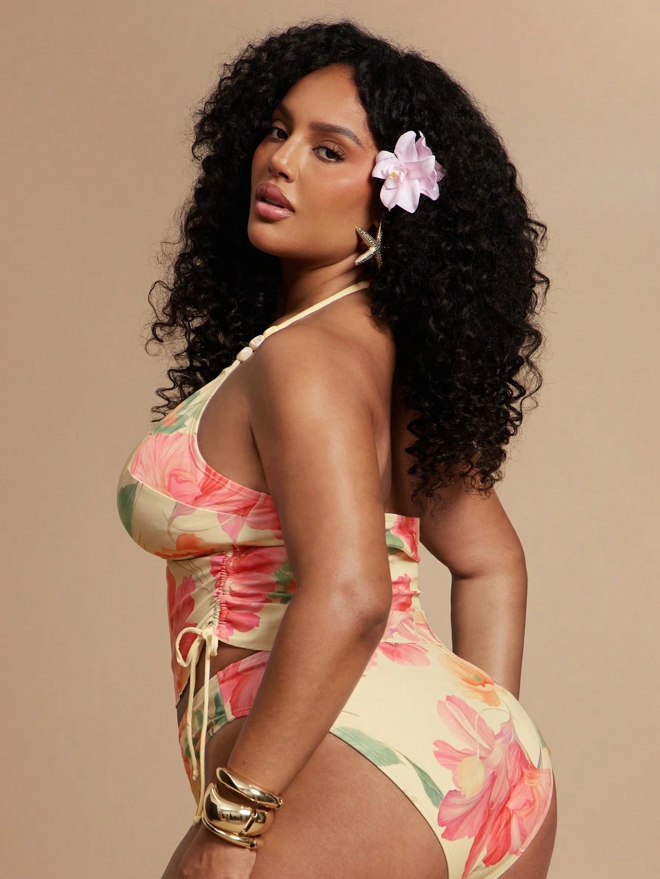 BAE Summer Beach Vacation Style Floral Print Vest Bikini Halter Neck Drawstring Set Bathing Suits For Women
