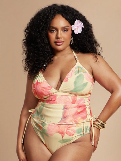 BAE Summer Beach Vacation Style Floral Print Vest Bikini Halter Neck Drawstring Set Bathing Suits For Women