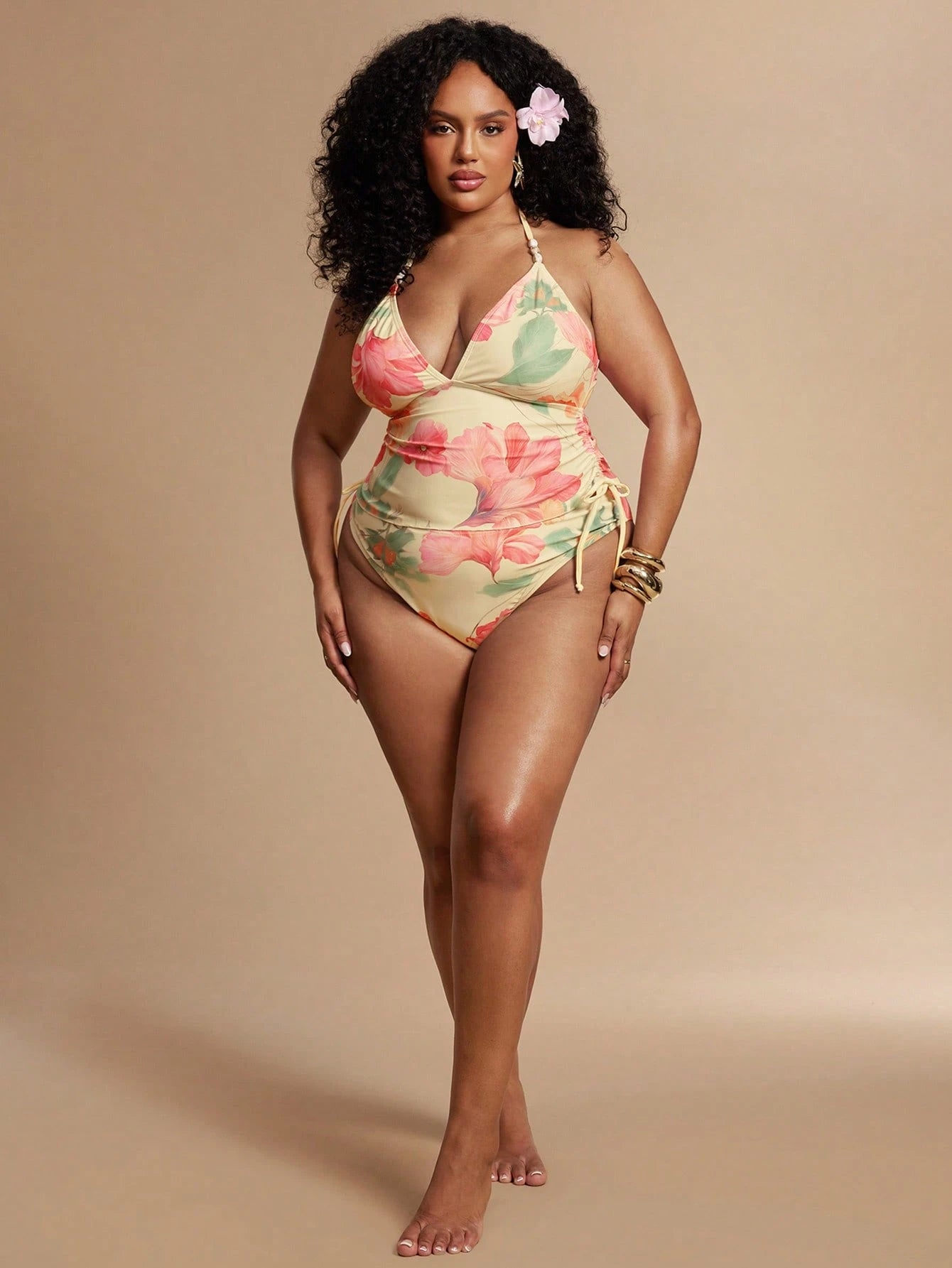 BAE Summer Beach Vacation Style Floral Print Vest Bikini Halter Neck Drawstring Set Bathing Suits For Women