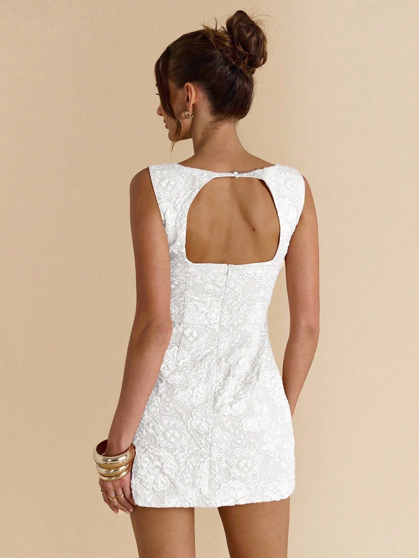 BAE Textured White Floral Camisole Bodycon Backless Mini Dress,Summer Elegant Brunch Outfits For Women,Pink Jacquard Wedding Guest Attire,Beach Vacation
