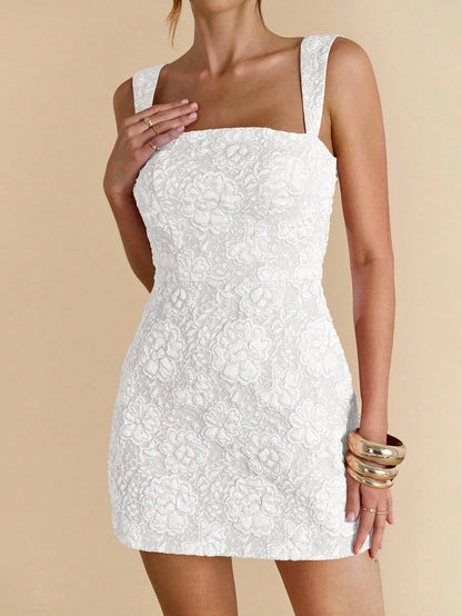 BAE Textured White Floral Camisole Bodycon Backless Mini Dress,Summer Elegant Brunch Outfits For Women,Pink Jacquard Wedding Guest Attire,Beach Vacation