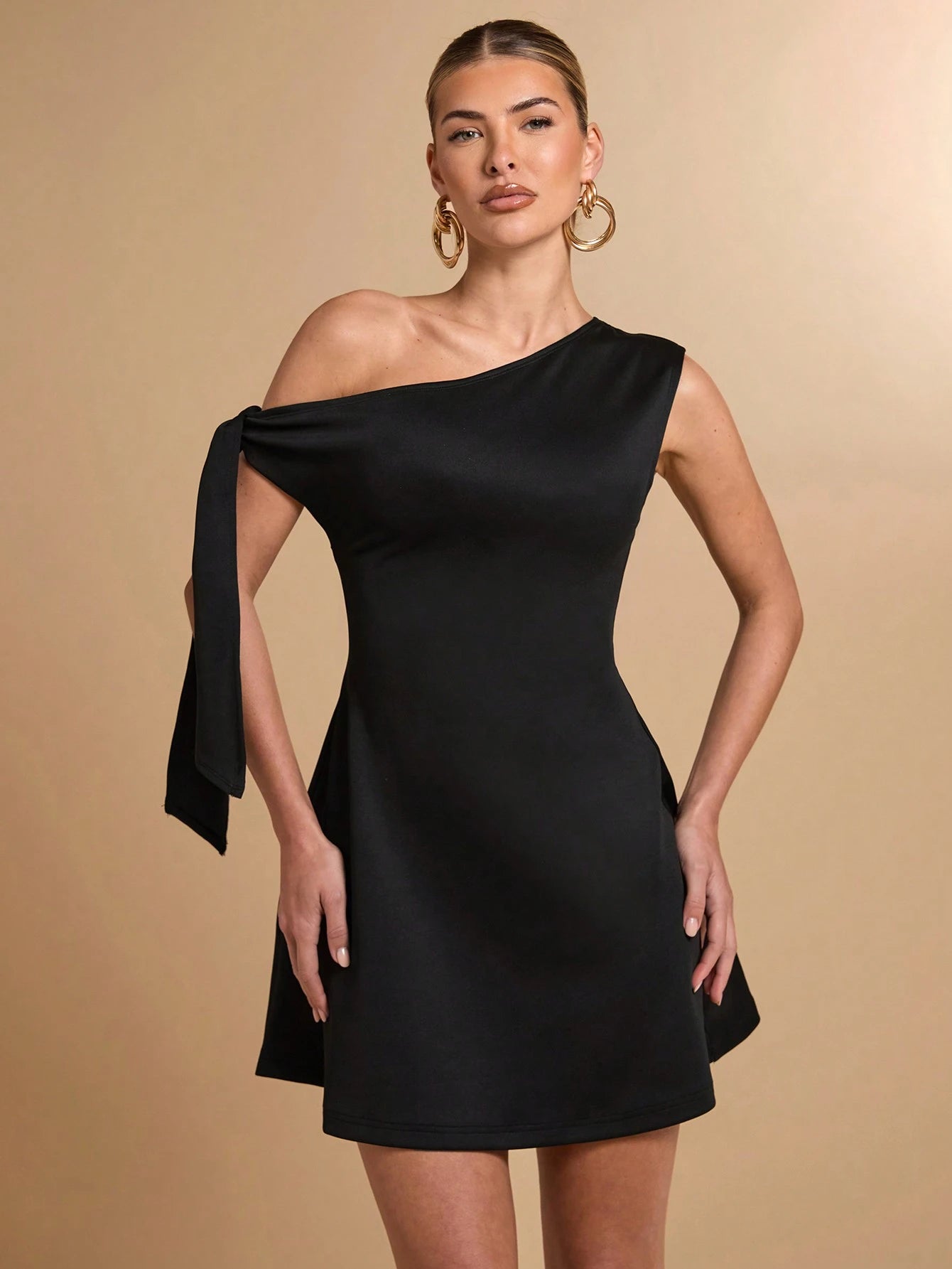 BAE Women's Asymmetric Asymmetric Neck Self-Tie Bodycon Elegant Sexy A-Line Peplum Dress, Black Night Out Summer