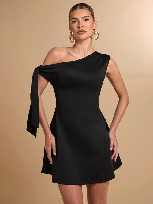 BAE Women's Asymmetric Asymmetric Neck Self-Tie Bodycon Elegant Sexy A-Line Peplum Dress, Black Night Out Summer