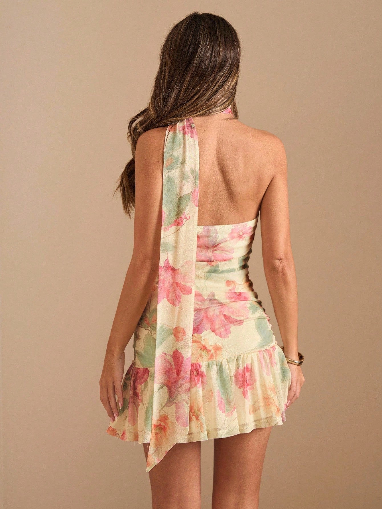BAE Women's Beige Floral Print Bodycon Ruched Mini Dress, Seductive Strapless Summer Holiday Vacation, Elegant Sexy Wedding Night Out Date Night Party